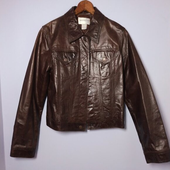 Hugo Buscati Leather Trucker Jacket Vintage Retro 70s Sz Med* Brown Snaps Lined - Picture 1 of 16
